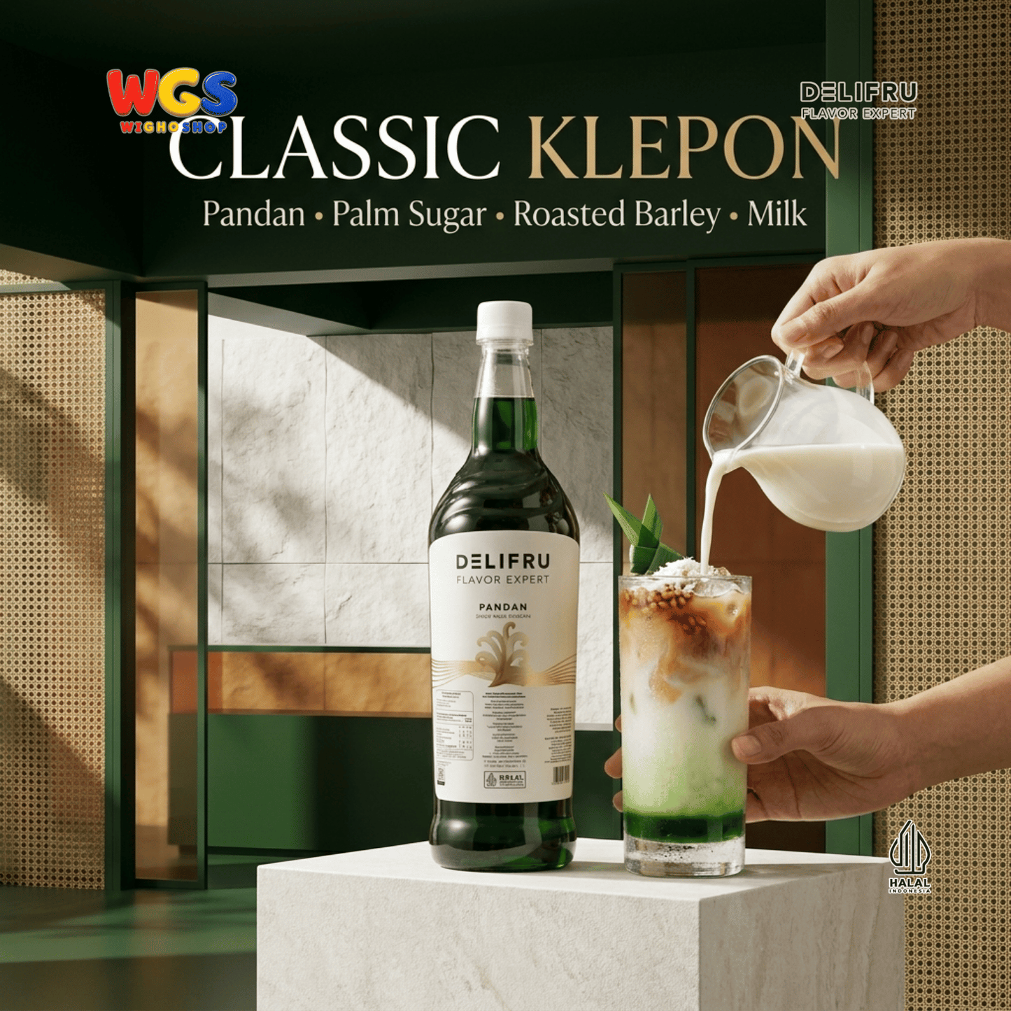 DELIFRU Pandan Syrup 1 Liter - Sirup Daun Pandan untuk Cendol, Es Campur, Kopi, Latte, Minuman Susu & Dessert Halal