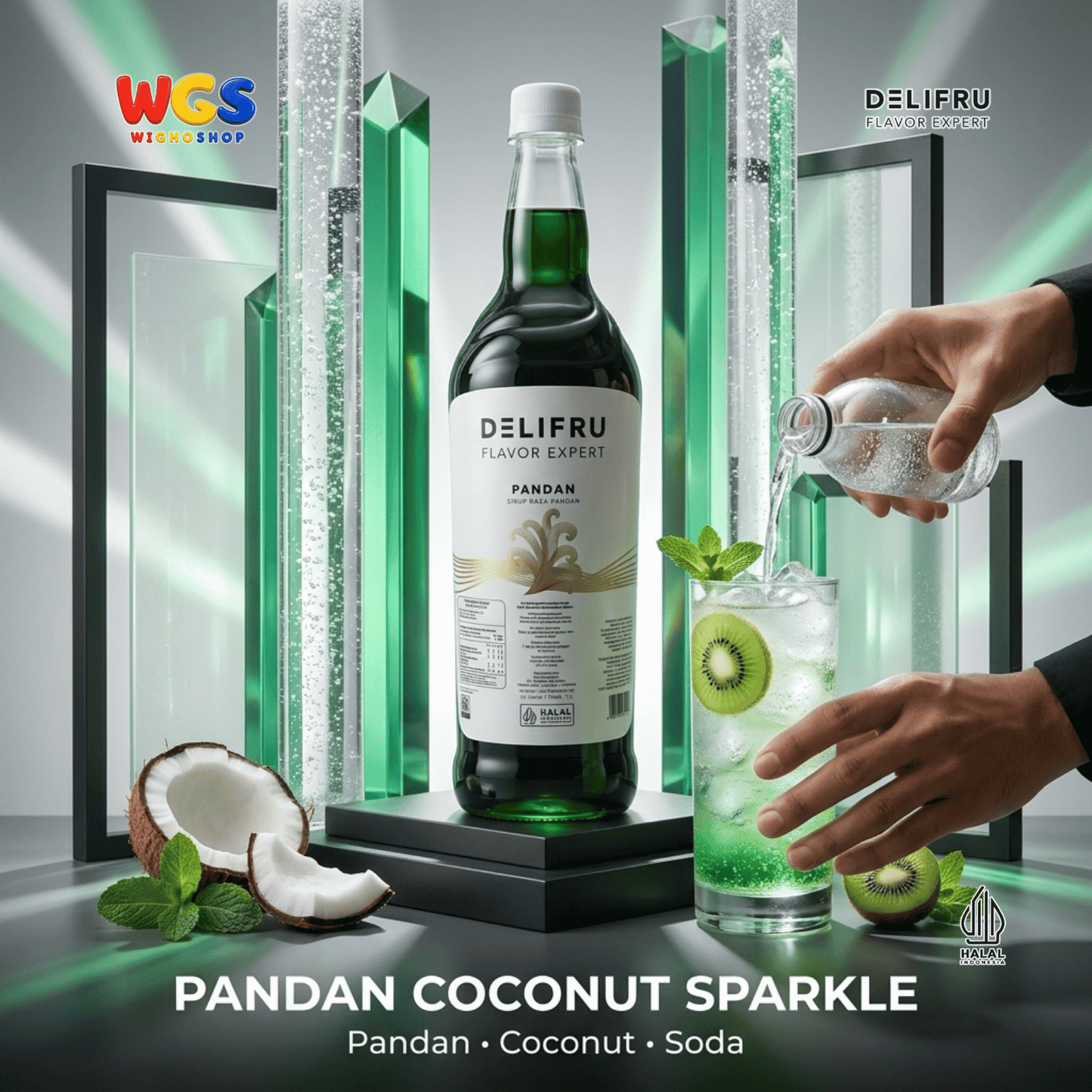DELIFRU Pandan Syrup 1 Liter - Sirup Daun Pandan untuk Cendol, Es Campur, Kopi, Latte, Minuman Susu & Dessert Halal