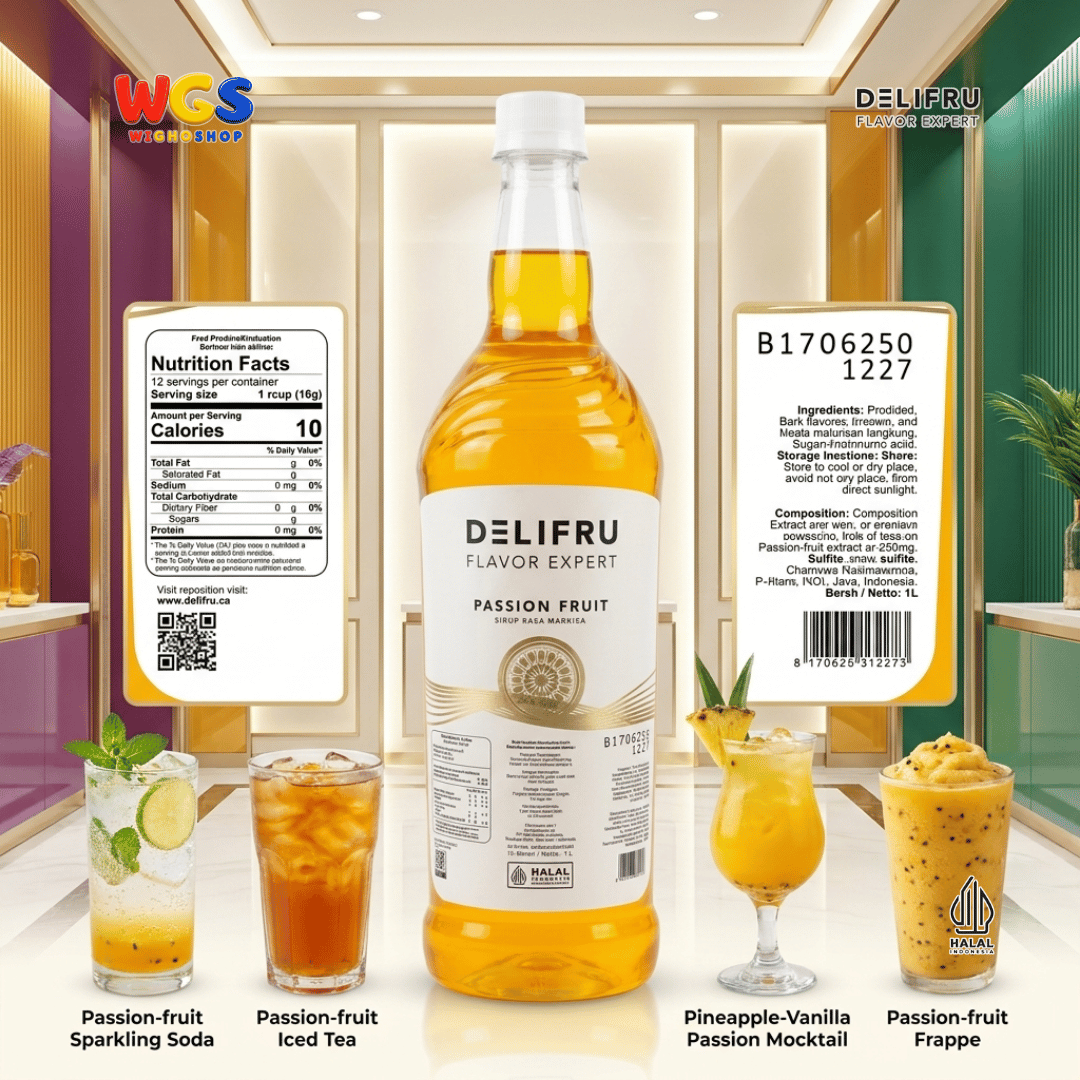 DELIFRU Passion Fruit Syrup 1 Liter - Sirup Rasa Markisa untuk Mocktail Soda Fruit Tea Yakult Minuman Cafe Dessert Halal