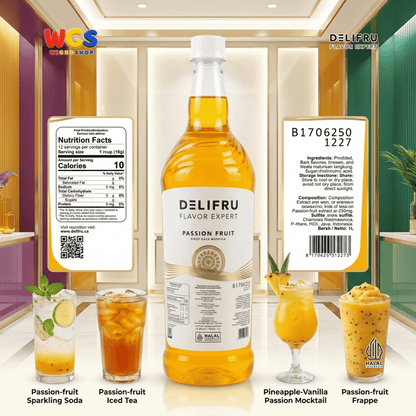 DELIFRU Passion Fruit Syrup 1 Liter - Sirup Rasa Markisa untuk Mocktail Soda Fruit Tea Yakult Minuman Cafe Dessert Halal