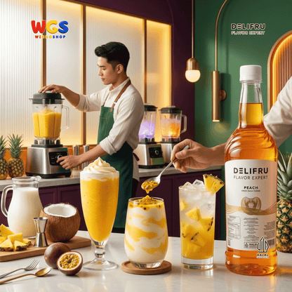 DELIFRU Peach Syrup 1 Liter - Sirup Rasa Persik untuk Peach Tea Mocktail Soda Milk Tea Yakult Minuman Cafe Dessert Halal