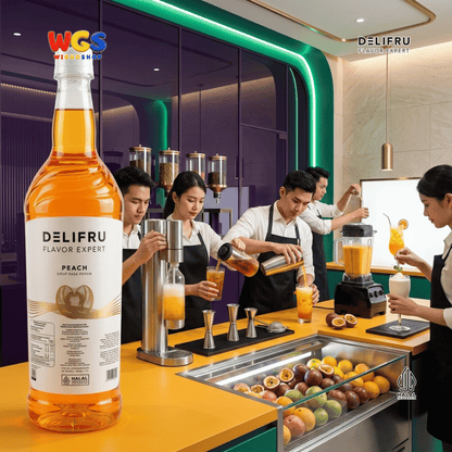 DELIFRU Peach Syrup 1 Liter - Sirup Rasa Persik untuk Peach Tea Mocktail Soda Milk Tea Yakult Minuman Cafe Dessert Halal
