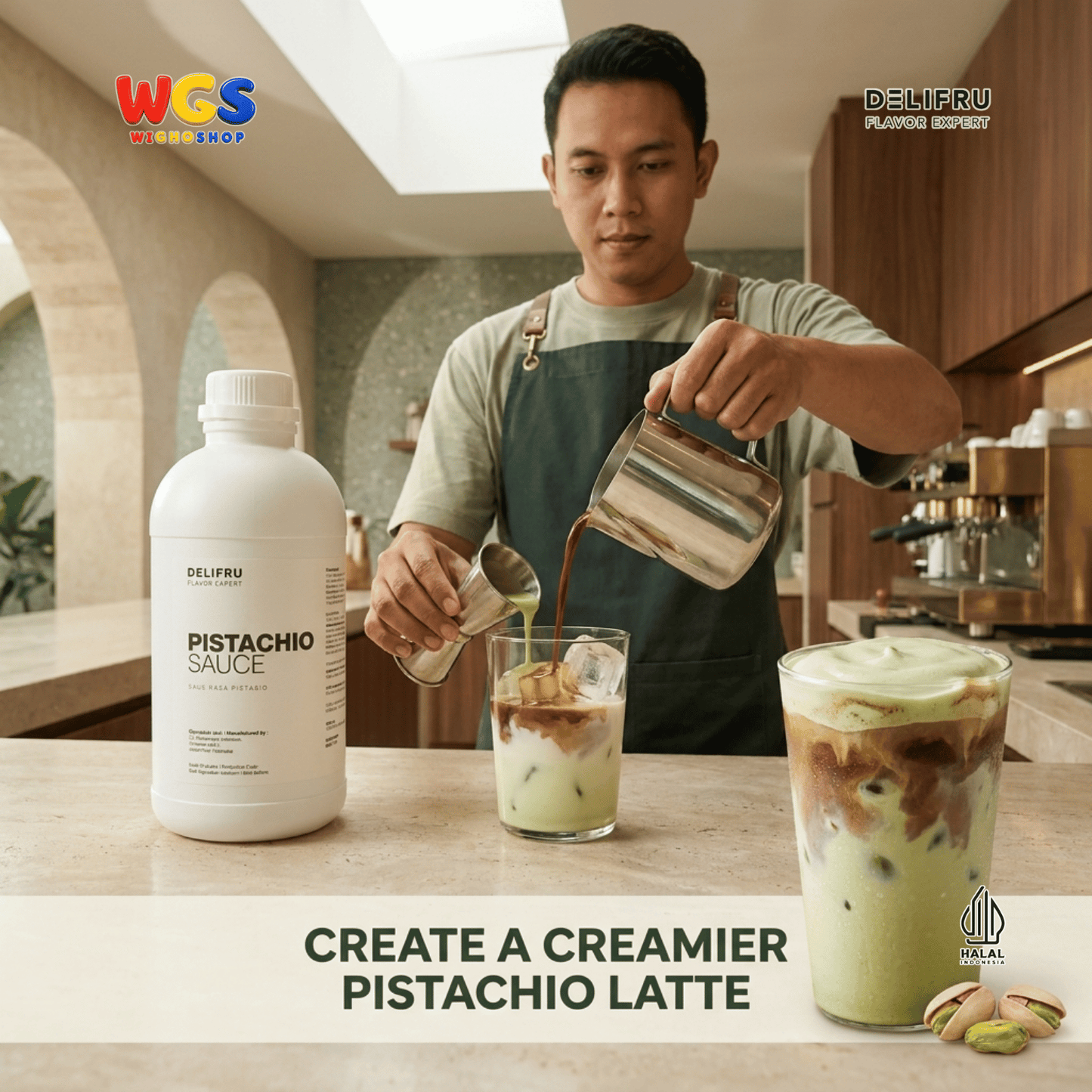 DELIFRU Pistachio Sauce 1kg - Saus Kacang Pistachio Topping Kopi Latte Frappe Es Krim Pancake Dessert Halal