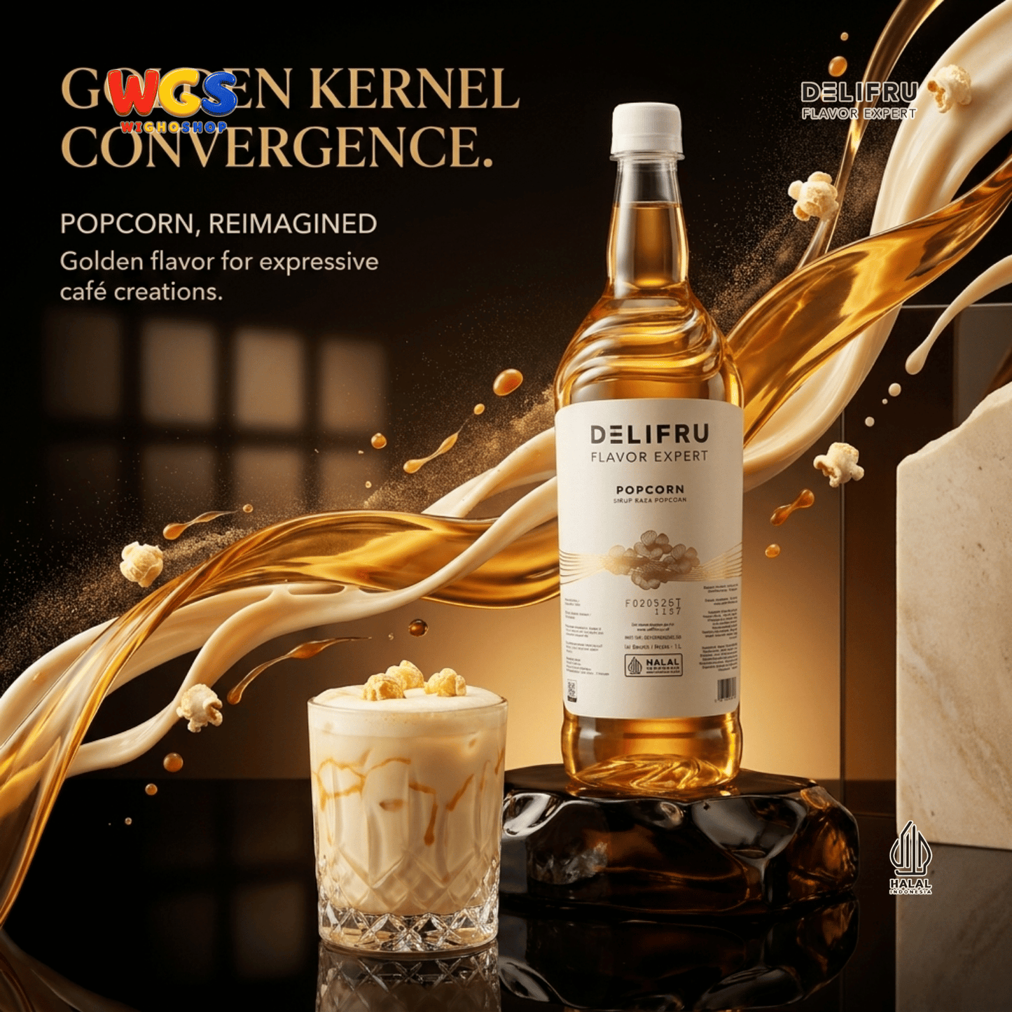 DELIFRU Popcorn Syrup 1 Liter - Sirup Rasa Popcorn Gurih Manis untuk Kopi Latte Frappe Milkshake Dessert Halal