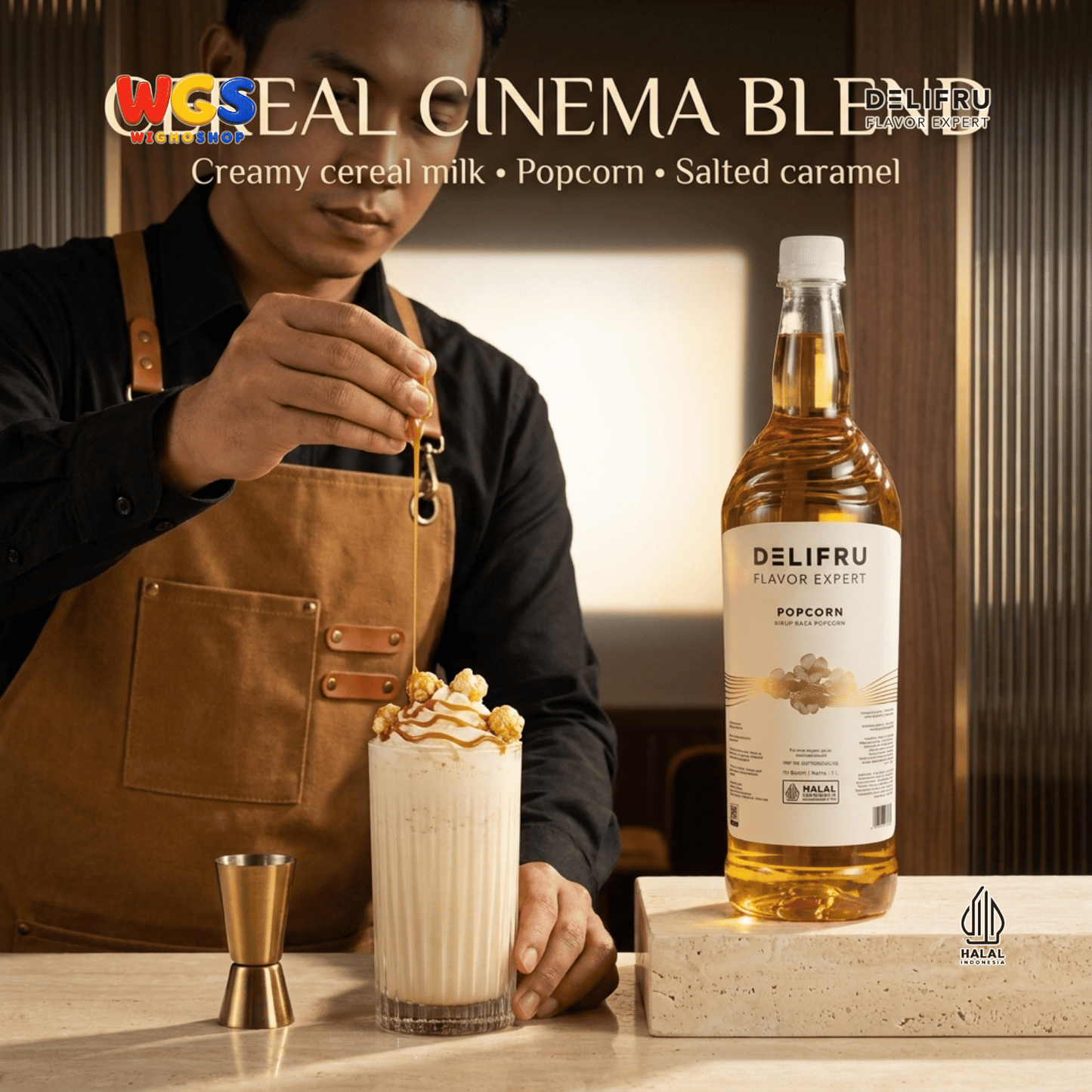 DELIFRU Popcorn Syrup 1 Liter - Sirup Rasa Popcorn Gurih Manis untuk Kopi Latte Frappe Milkshake Dessert Halal