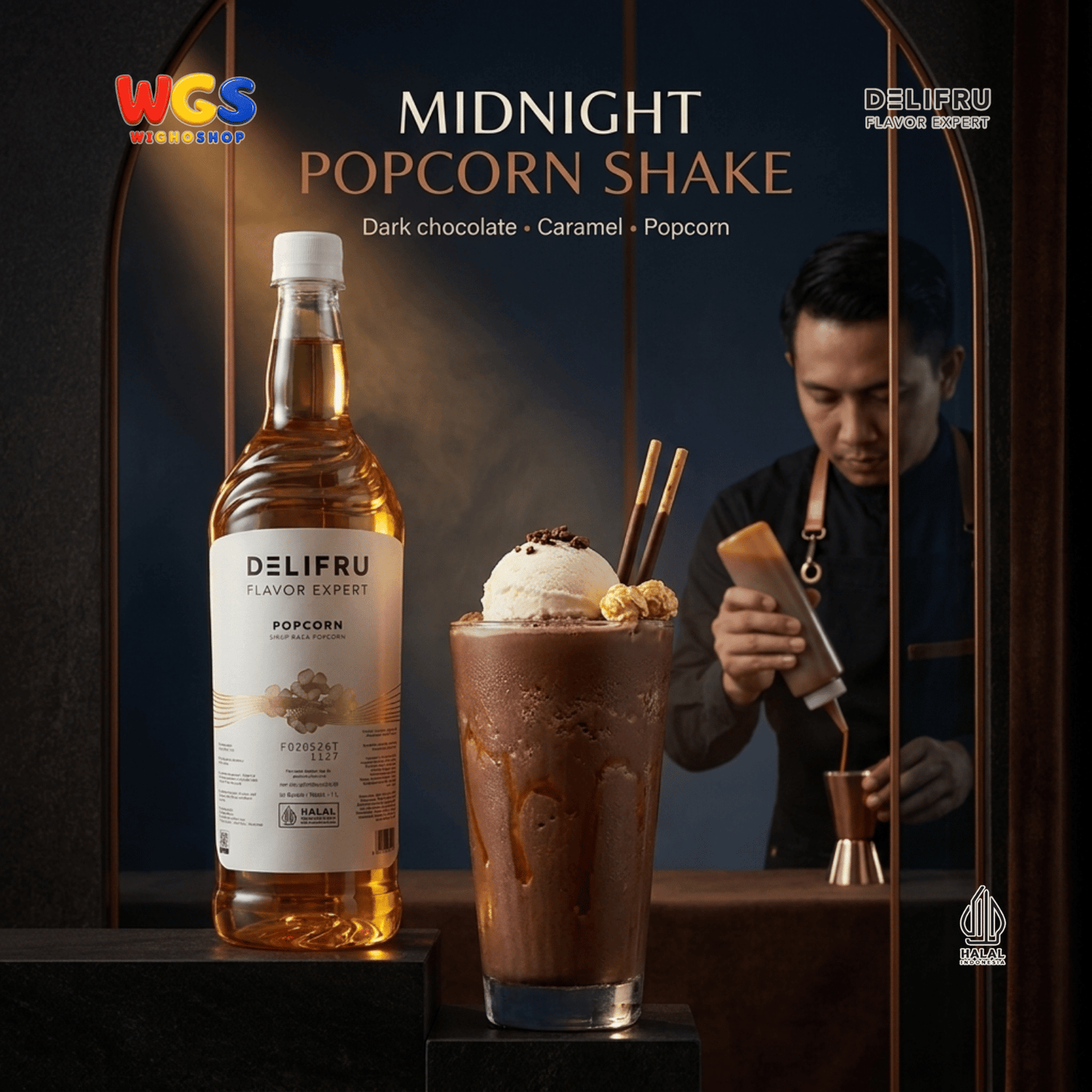 DELIFRU Popcorn Syrup 1 Liter - Sirup Rasa Popcorn Gurih Manis untuk Kopi Latte Frappe Milkshake Dessert Halal