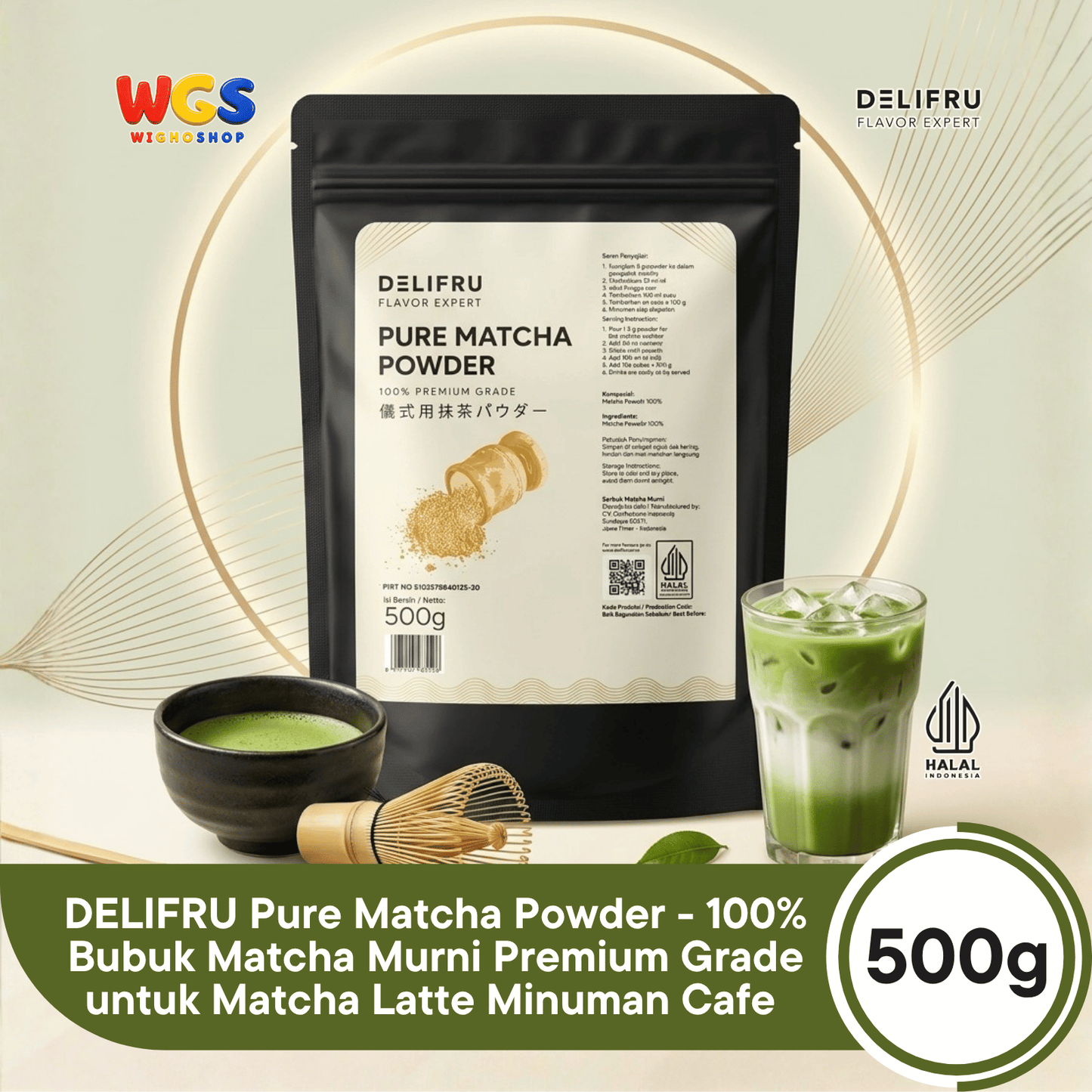 DELIFRU Pure Matcha Powder 500g - Bubuk Matcha Murni 100% untuk Matcha Latte Minuman Cafe Dessert Bakery Halal