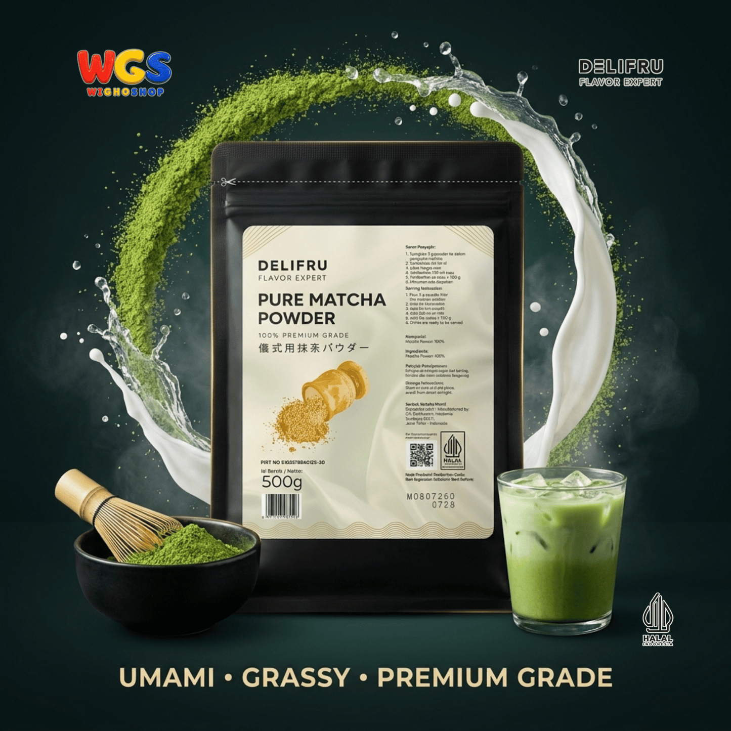 DELIFRU Pure Matcha Powder 500g - Bubuk Matcha Murni 100% untuk Matcha Latte Minuman Cafe Dessert Bakery Halal