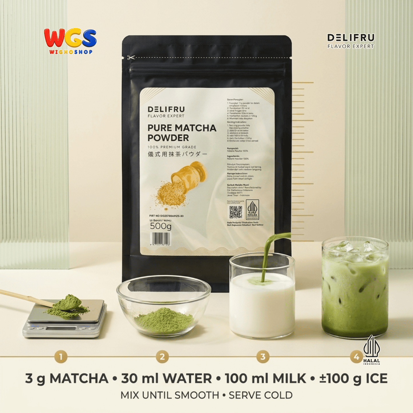 DELIFRU Pure Matcha Powder 500g - Bubuk Matcha Murni 100% untuk Matcha Latte Minuman Cafe Dessert Bakery Halal