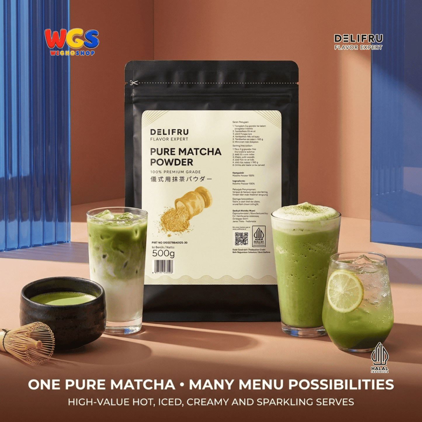 DELIFRU Pure Matcha Powder 500g - Bubuk Matcha Murni 100% untuk Matcha Latte Minuman Cafe Dessert Bakery Halal