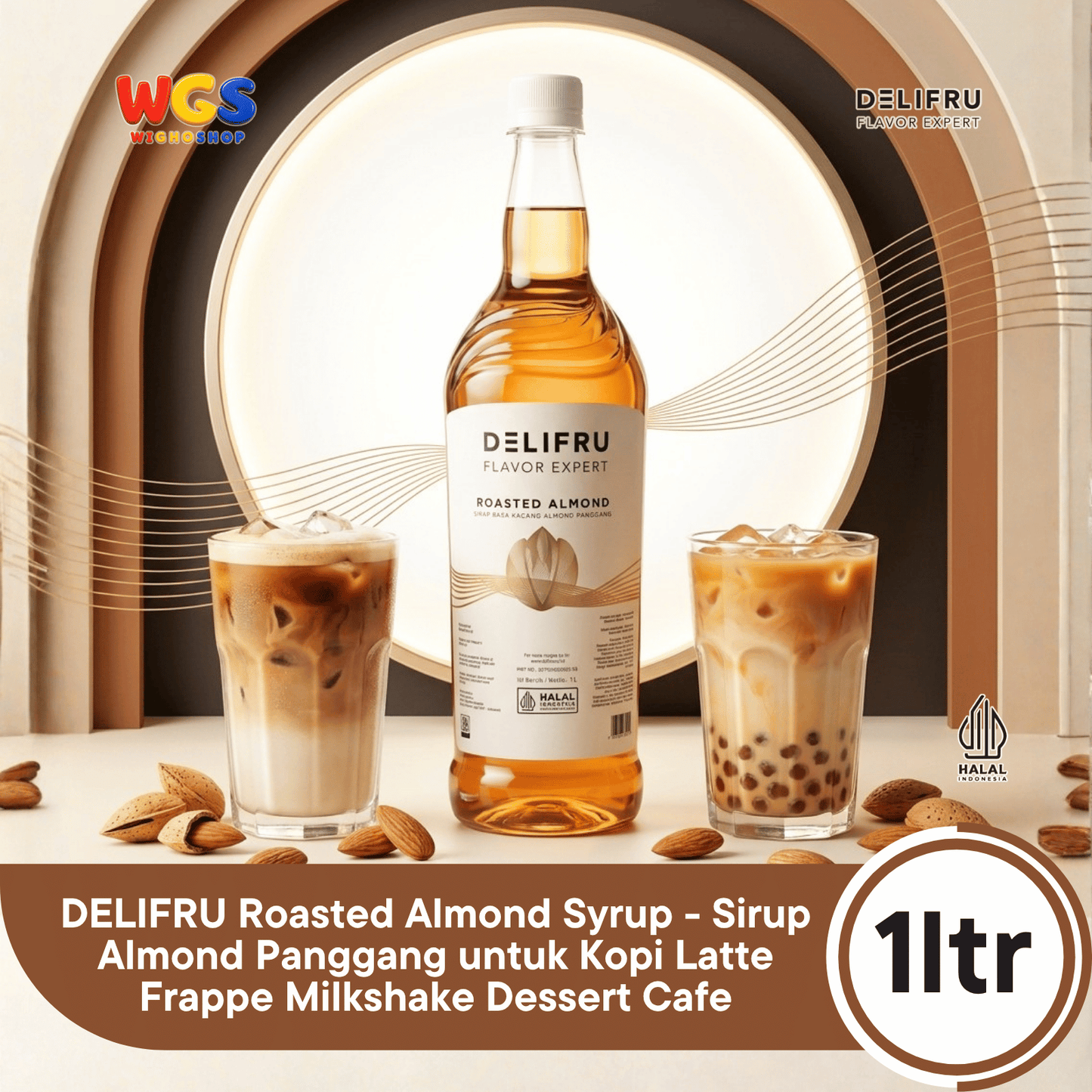 DELIFRU Roasted Almond Syrup 1 Liter - Sirup Kacang Almond Panggang untuk Kopi, Latte, Frappe, Milkshake & Dessert Halal