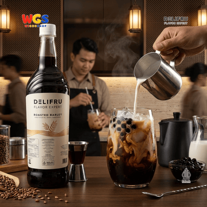 DELIFRU Roasted Barley Syrup 1 Liter - Sirup Barli Jelai Panggang untuk Kopi Susu Boba Latte Ice Blended Minuman Cafe Halal
