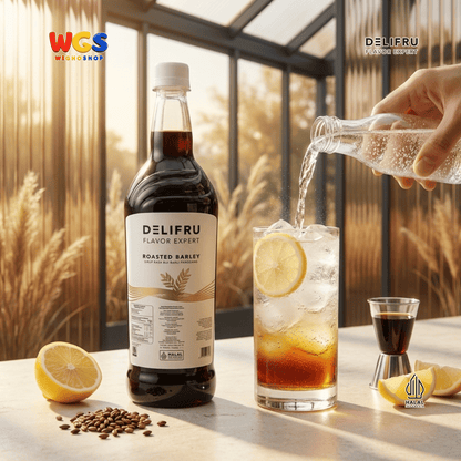 DELIFRU Roasted Barley Syrup 1 Liter - Sirup Barli Jelai Panggang untuk Kopi Susu Boba Latte Ice Blended Minuman Cafe Halal