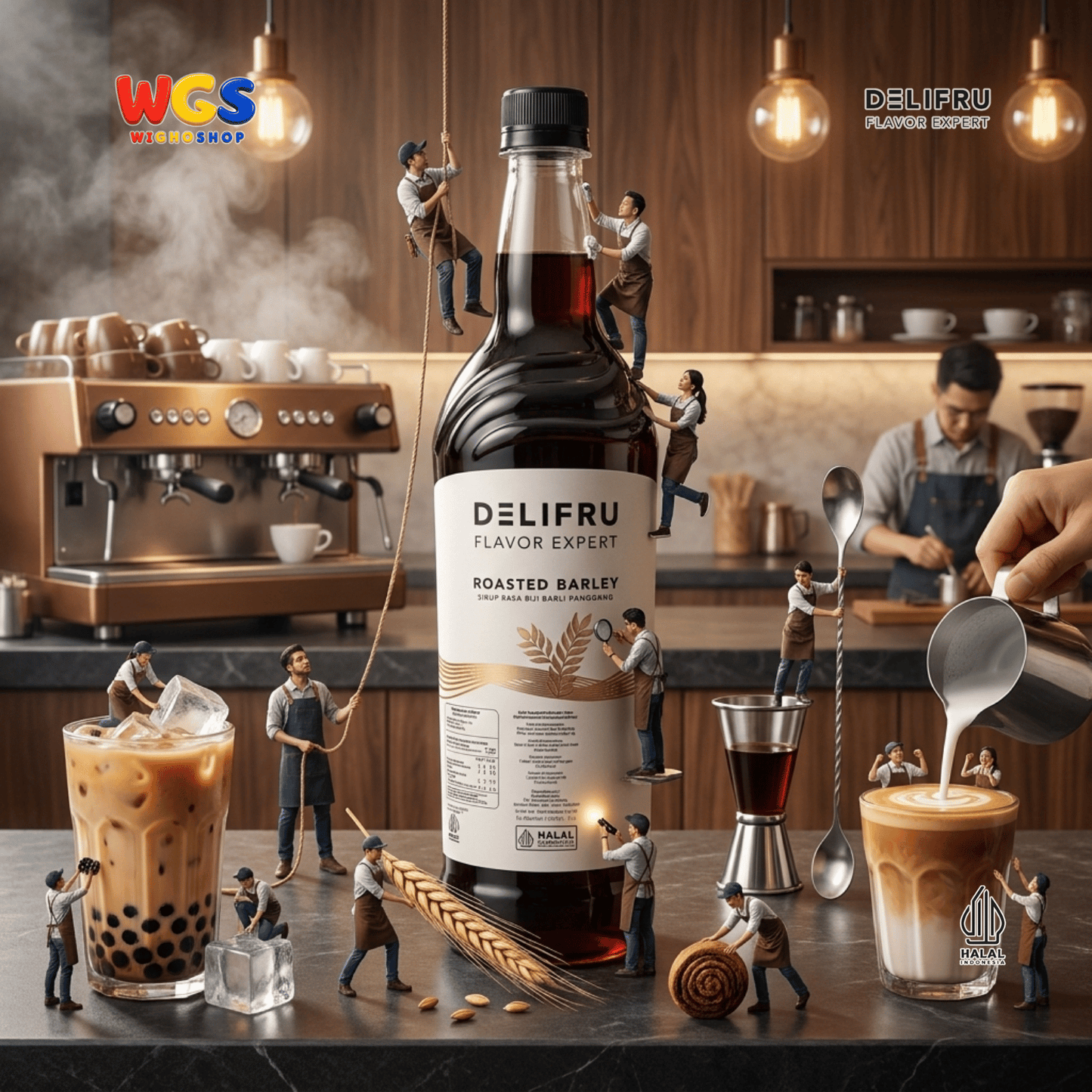DELIFRU Roasted Barley Syrup 1 Liter - Sirup Barli Jelai Panggang untuk Kopi Susu Boba Latte Ice Blended Minuman Cafe Halal