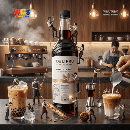 DELIFRU Roasted Barley Syrup 1 Liter - Sirup Barli Jelai Panggang untuk Kopi Susu Boba Latte Ice Blended Minuman Cafe Halal