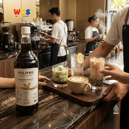 DELIFRU Roasted Barley Syrup 1 Liter - Sirup Barli Jelai Panggang untuk Kopi Susu Boba Latte Ice Blended Minuman Cafe Halal