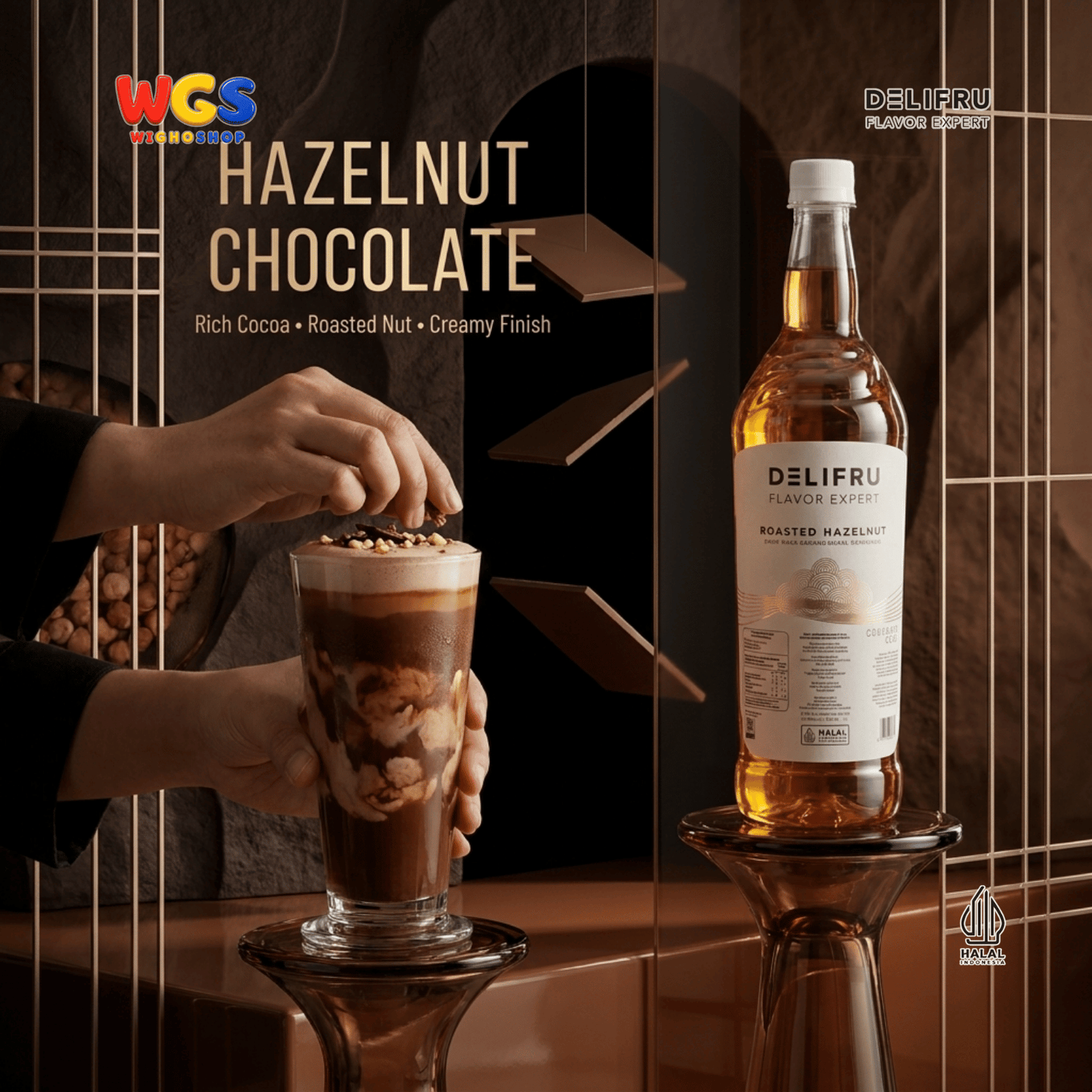 DELIFRU Roasted Hazelnut Syrup 1 Liter - Sirup Kacang Hazel Panggang untuk Kopi Latte Frappe Milkshake Dessert Halal