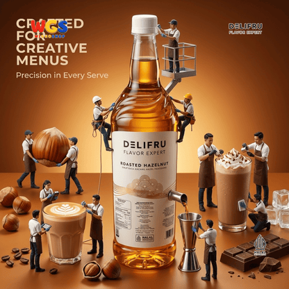 DELIFRU Roasted Hazelnut Syrup 1 Liter - Sirup Kacang Hazel Panggang untuk Kopi Latte Frappe Milkshake Dessert Halal