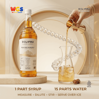 DELIFRU Roasted Hazelnut Syrup 1 Liter - Sirup Kacang Hazel Panggang untuk Kopi Latte Frappe Milkshake Dessert Halal