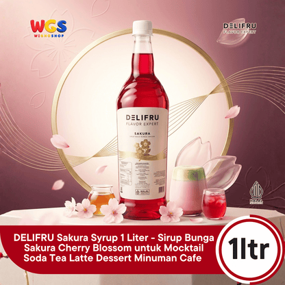 DELIFRU Sakura Syrup 1 Liter - Sirup Bunga Sakura Cherry Blossom untuk Mocktail Soda Iced Tea Latte Halal