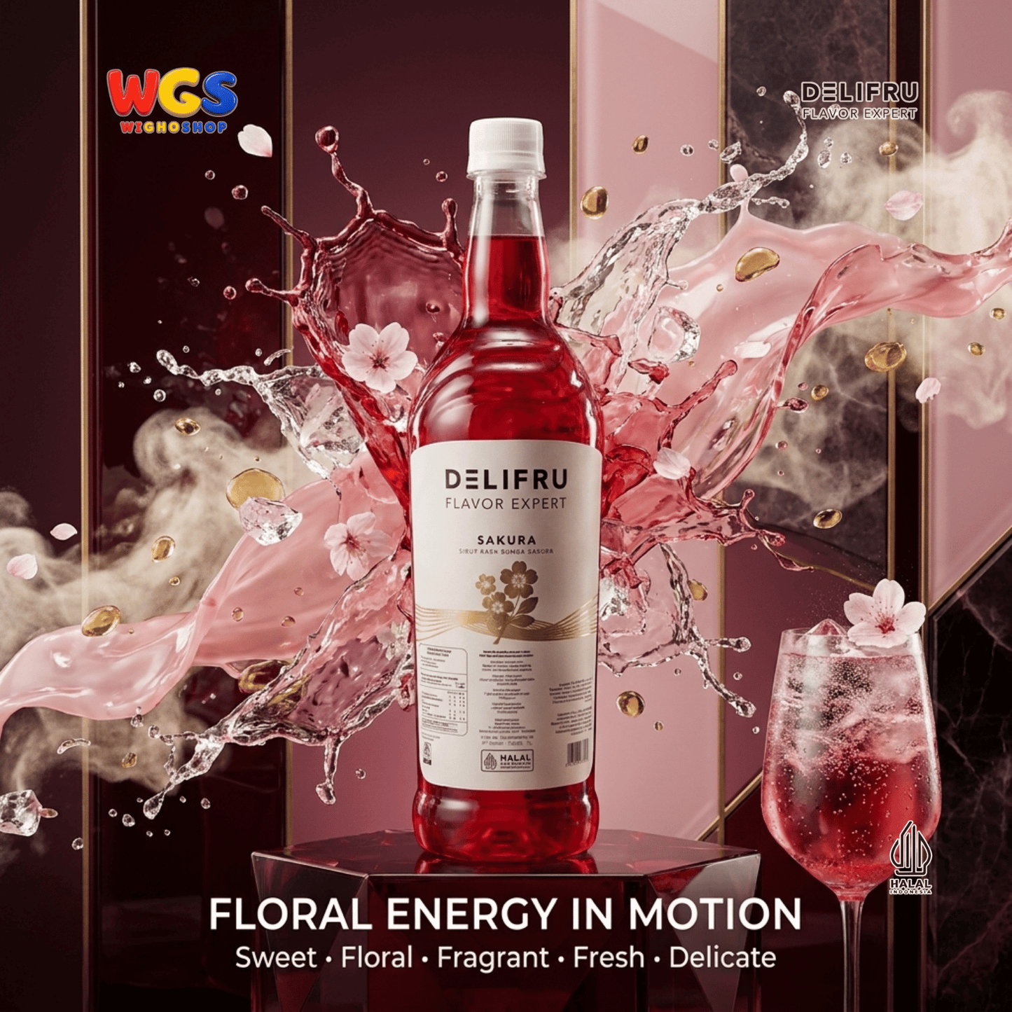 DELIFRU Sakura Syrup 1 Liter - Sirup Bunga Sakura Cherry Blossom untuk Mocktail Soda Iced Tea Latte Halal