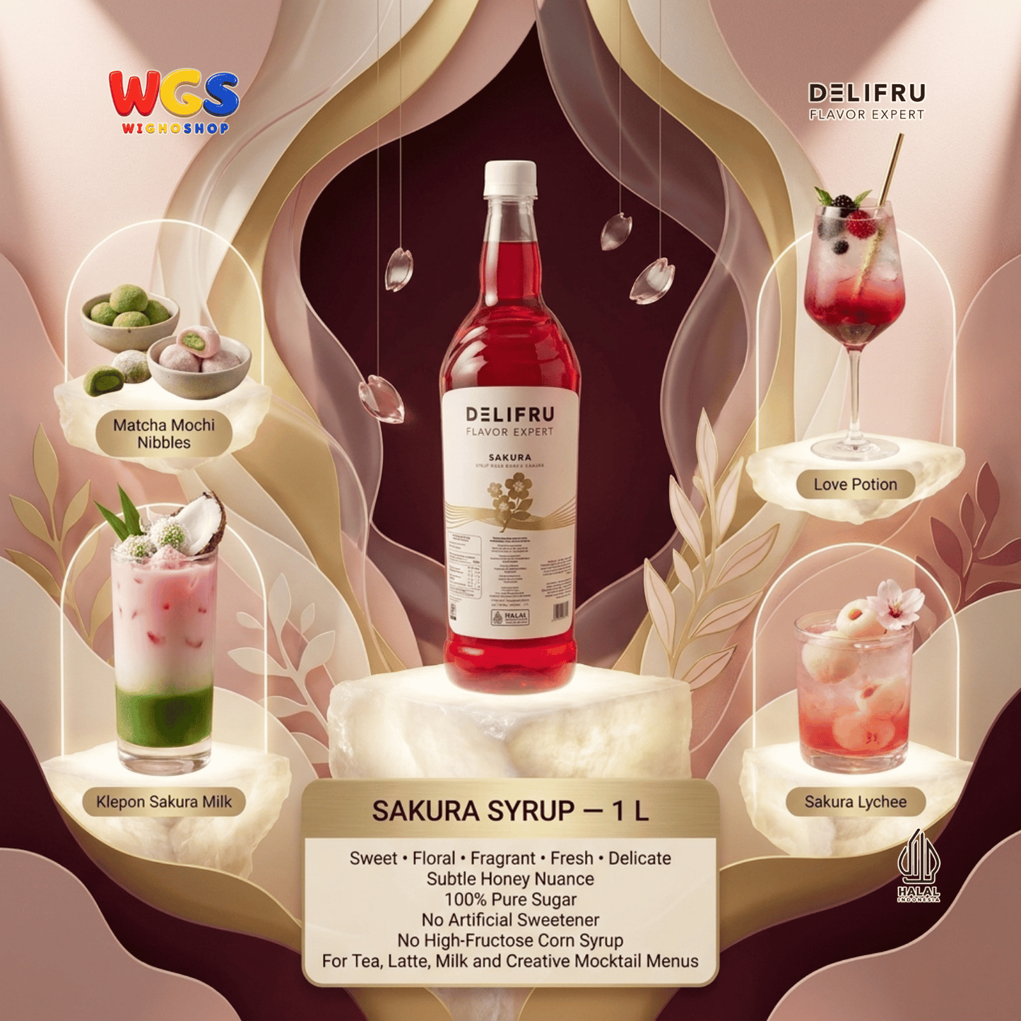 DELIFRU Sakura Syrup 1 Liter - Sirup Bunga Sakura Cherry Blossom untuk Mocktail Soda Iced Tea Latte Halal