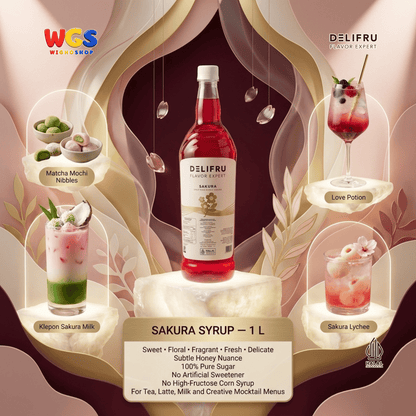 DELIFRU Sakura Syrup 1 Liter - Sirup Bunga Sakura Cherry Blossom untuk Mocktail Soda Iced Tea Latte Halal