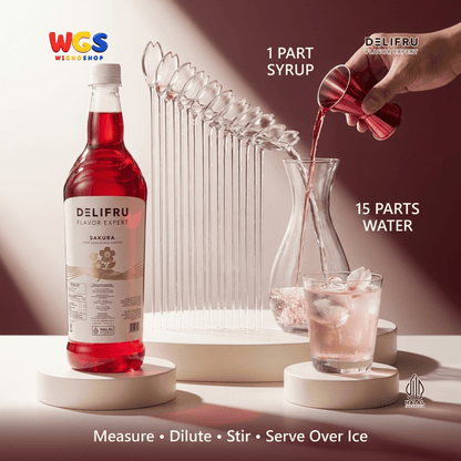 DELIFRU Sakura Syrup 1 Liter - Sirup Bunga Sakura Cherry Blossom untuk Mocktail Soda Iced Tea Latte Halal