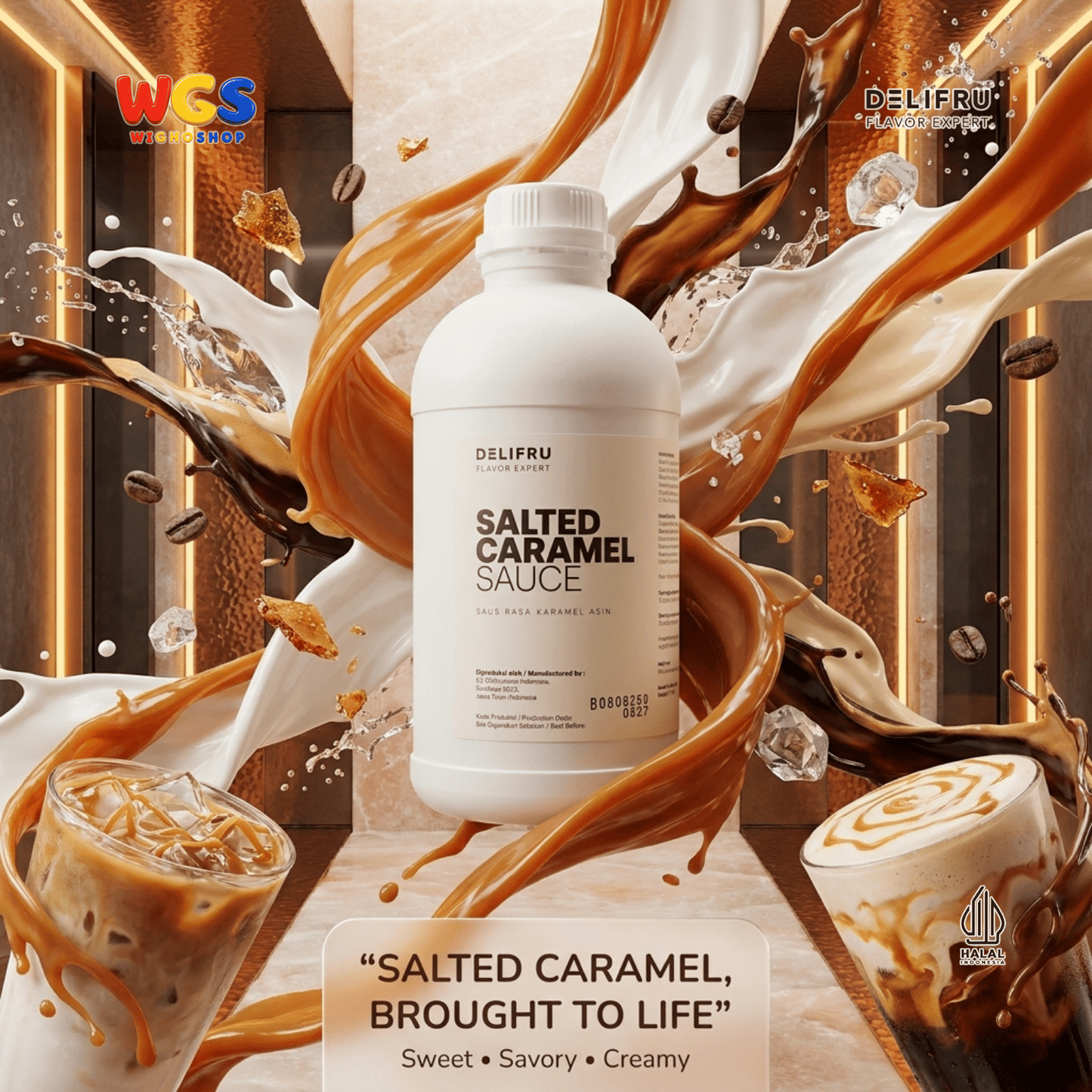 DELIFRU Salted Caramel Sauce 1kg - Saus Karamel Asin Topping Kopi Latte Frappe Es Krim Pancake Dessert Halal