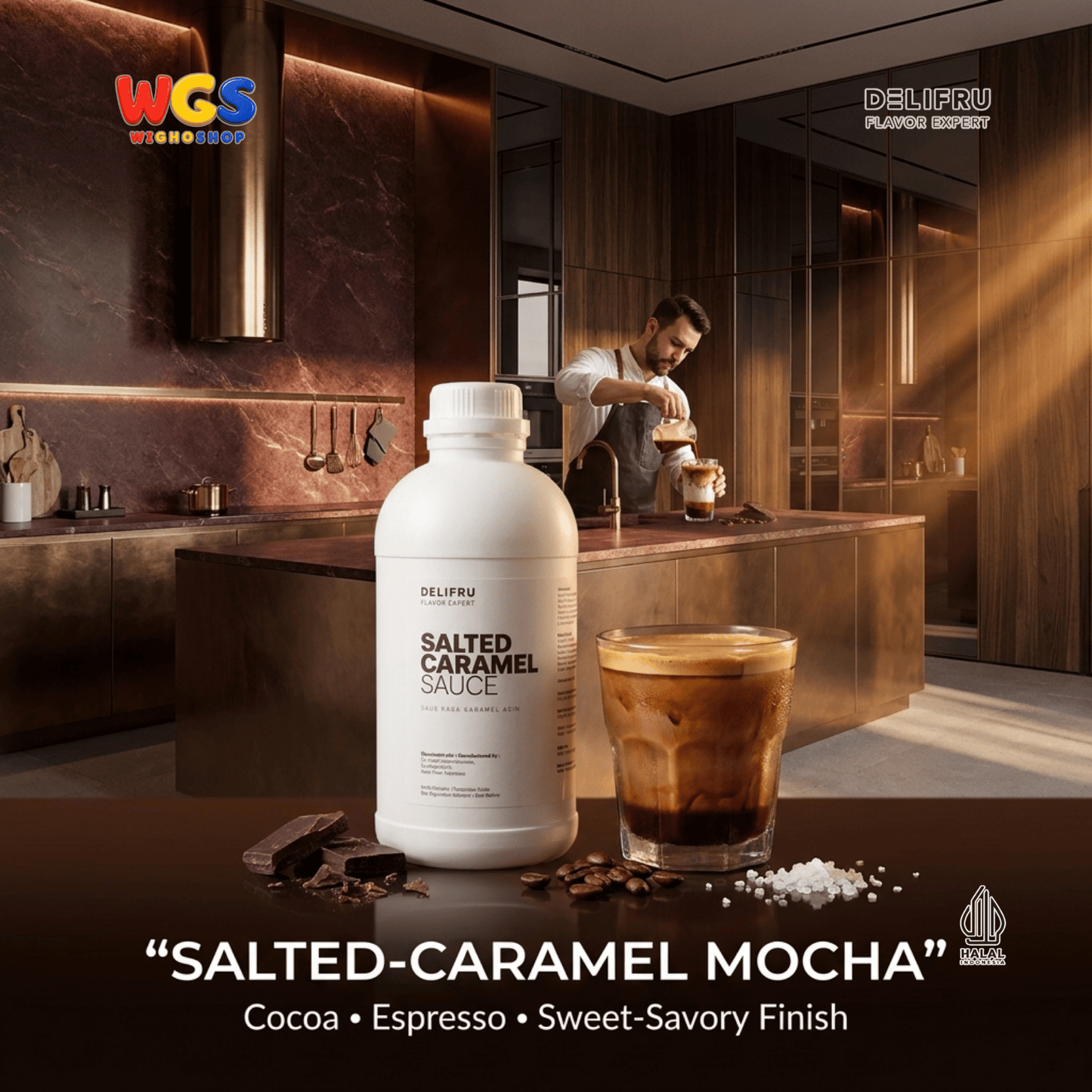 DELIFRU Salted Caramel Sauce 1kg - Saus Karamel Asin Topping Kopi Latte Frappe Es Krim Pancake Dessert Halal