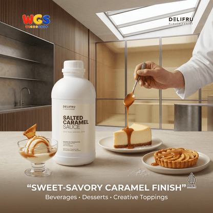 DELIFRU Salted Caramel Sauce 1kg - Saus Karamel Asin Topping Kopi Latte Frappe Es Krim Pancake Dessert Halal