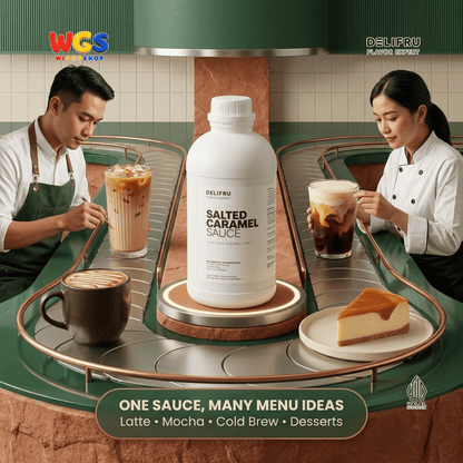 DELIFRU Salted Caramel Sauce 1kg - Saus Karamel Asin Topping Kopi Latte Frappe Es Krim Pancake Dessert Halal