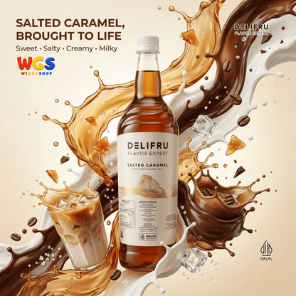 DELIFRU Salted Caramel Syrup 1 Liter - Sirup Karamel Asin untuk Kopi Latte Macchiato Boba Milkshake Dessert Cafe Halal