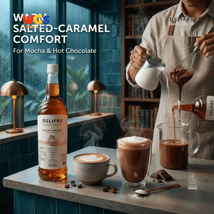 DELIFRU Salted Caramel Syrup 1 Liter - Sirup Karamel Asin untuk Kopi Latte Macchiato Boba Milkshake Dessert Cafe Halal
