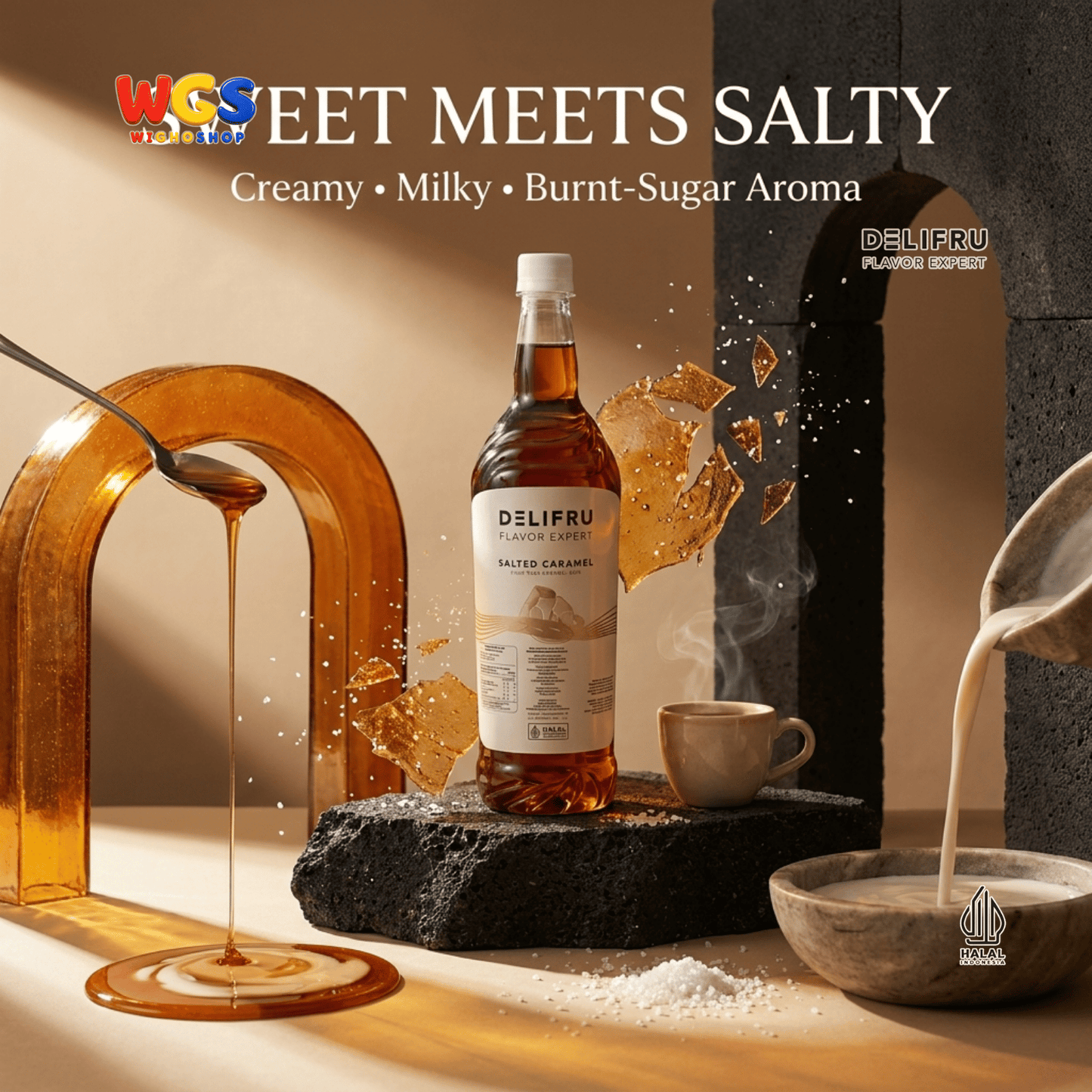 DELIFRU Salted Caramel Syrup 1 Liter - Sirup Karamel Asin untuk Kopi Latte Macchiato Boba Milkshake Dessert Cafe Halal