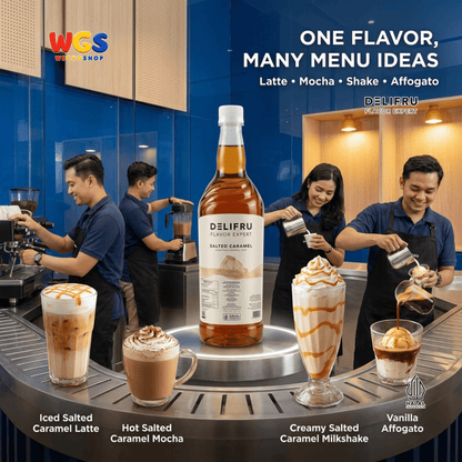 DELIFRU Salted Caramel Syrup 1 Liter - Sirup Karamel Asin untuk Kopi Latte Macchiato Boba Milkshake Dessert Cafe Halal