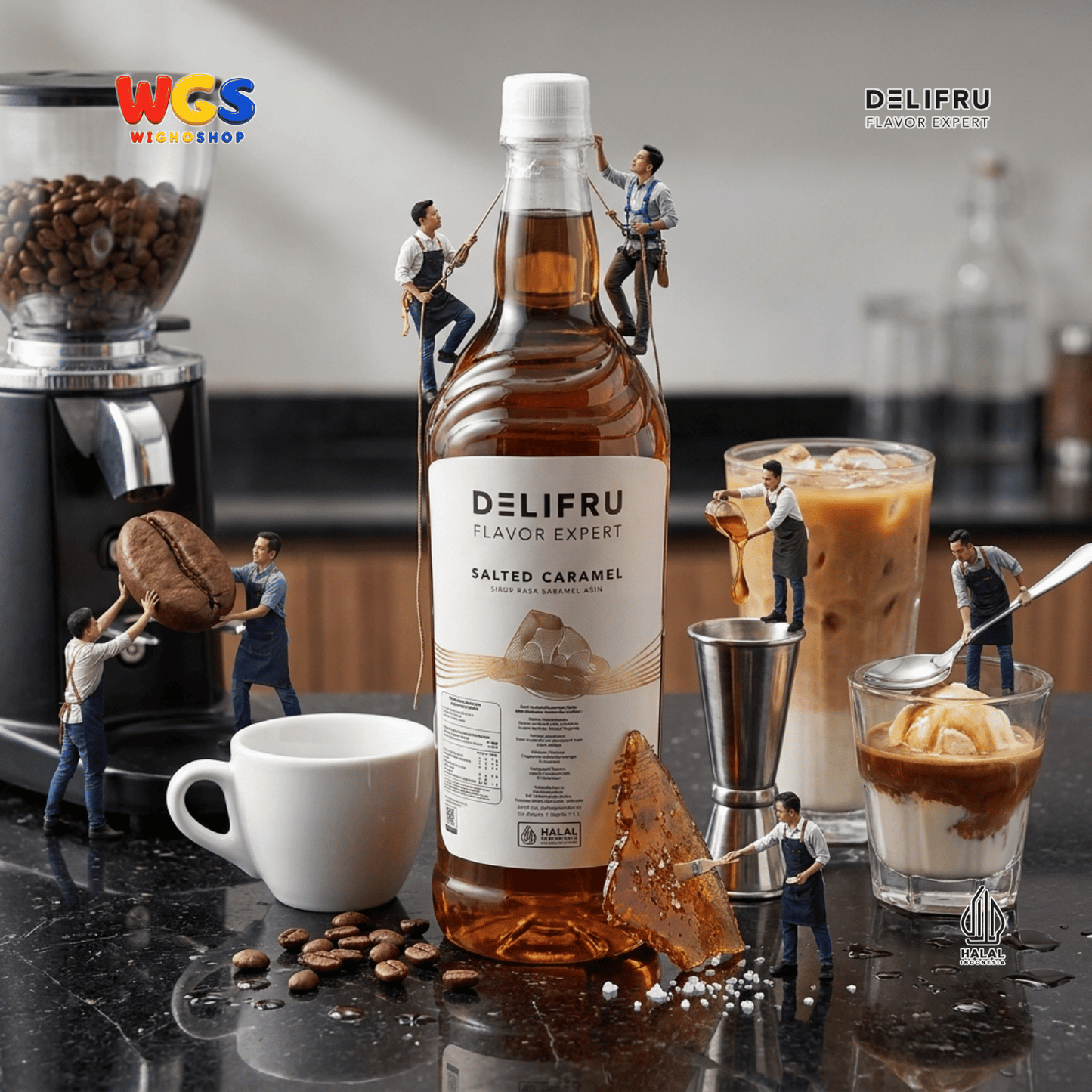 DELIFRU Salted Caramel Syrup 1 Liter - Sirup Karamel Asin untuk Kopi Latte Macchiato Boba Milkshake Dessert Cafe Halal