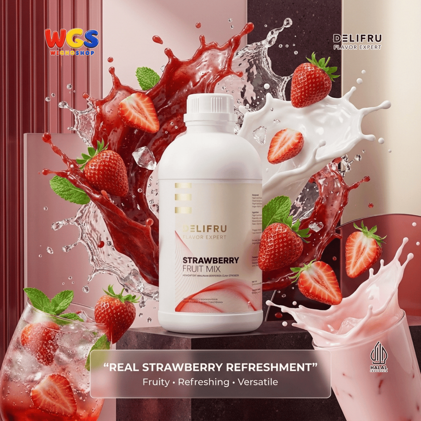 DELIFRU Strawberry Fruit Mix 1kg - Konsentrat Puree Stroberi untuk Mocktail Smoothie Frappe Minuman Cafe Hala