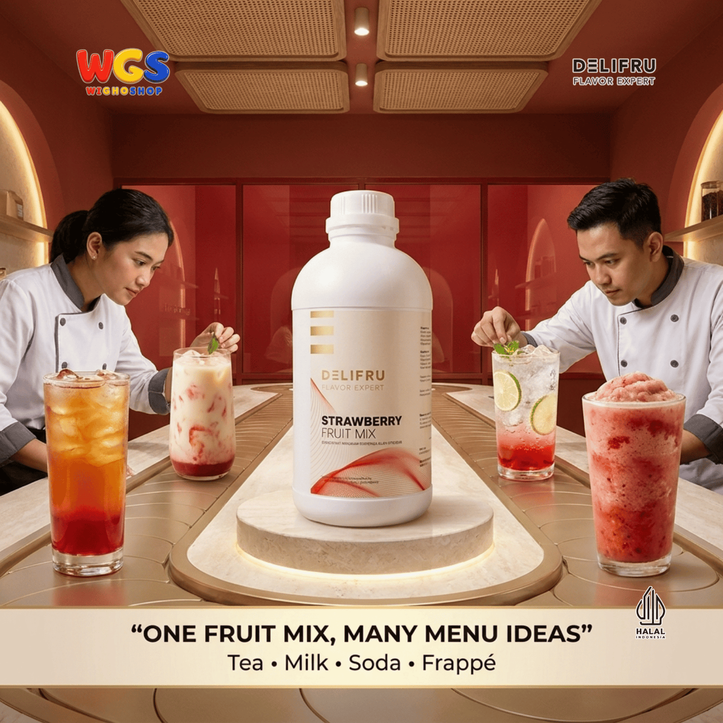 DELIFRU Strawberry Fruit Mix 1kg - Konsentrat Puree Stroberi untuk Mocktail Smoothie Frappe Minuman Cafe Hala