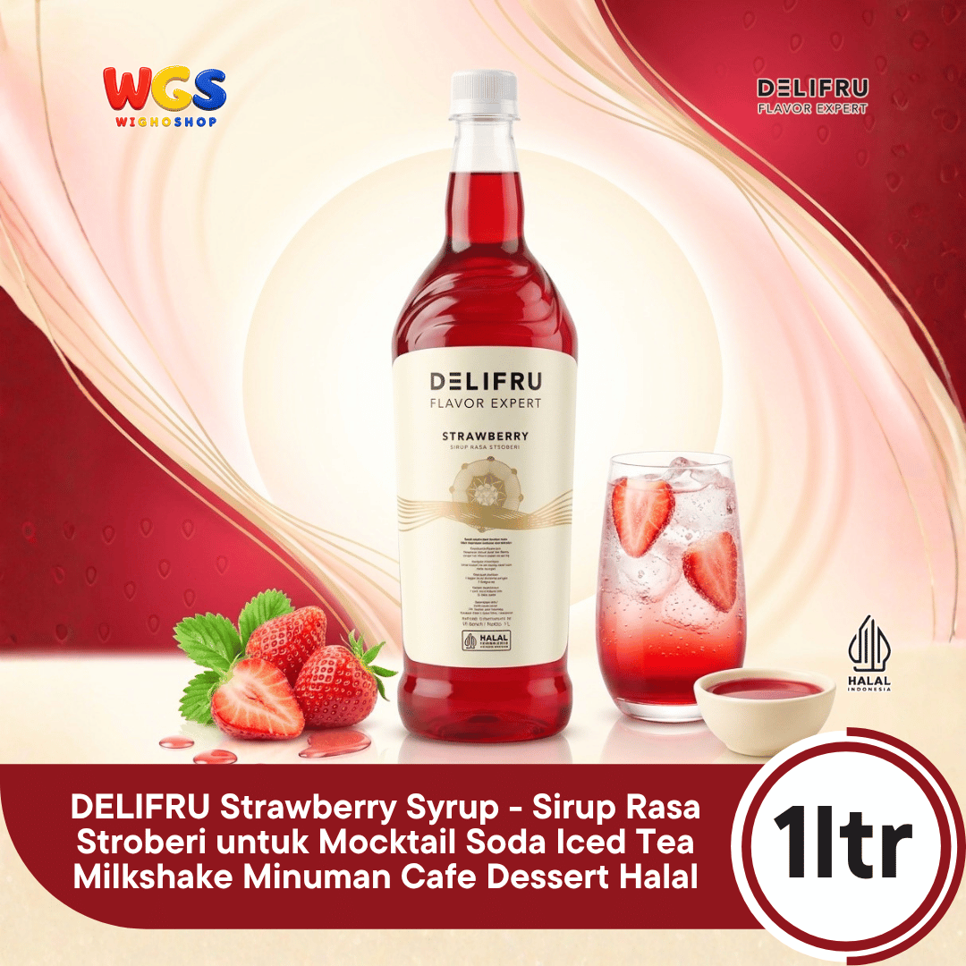 DELIFRU Strawberry Syrup 1 Liter - Sirup Rasa Stroberi untuk Mocktail Soda Iced Tea Milkshake Minuman Cafe Dessert Halal