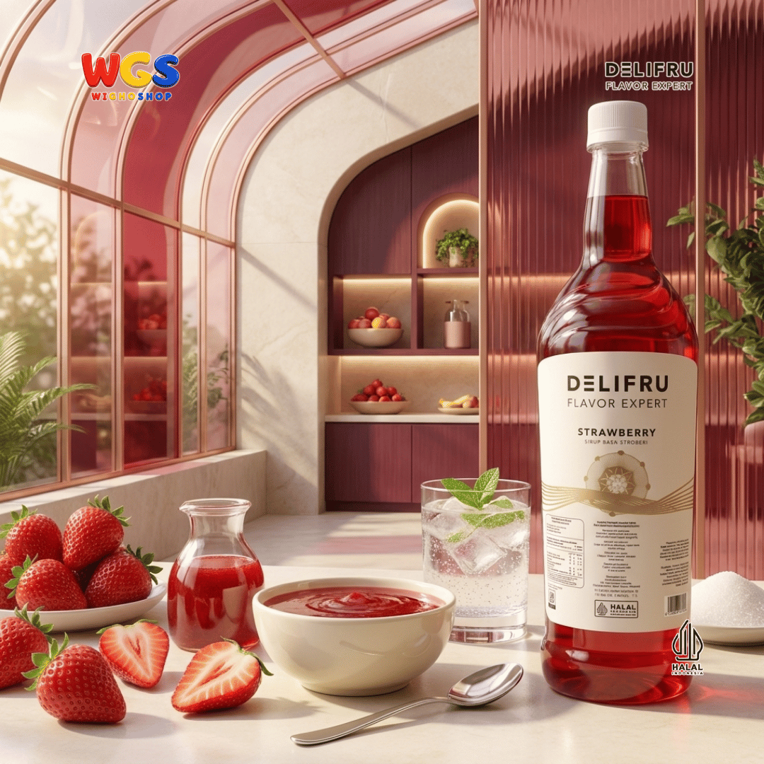 DELIFRU Strawberry Syrup 1 Liter - Sirup Rasa Stroberi untuk Mocktail Soda Iced Tea Milkshake Minuman Cafe Dessert Halal