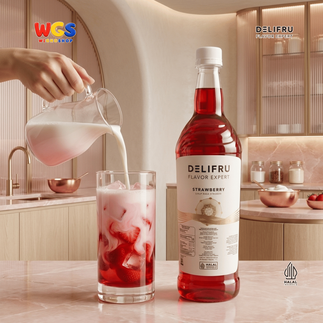 DELIFRU Strawberry Syrup 1 Liter - Sirup Rasa Stroberi untuk Mocktail Soda Iced Tea Milkshake Minuman Cafe Dessert Halal