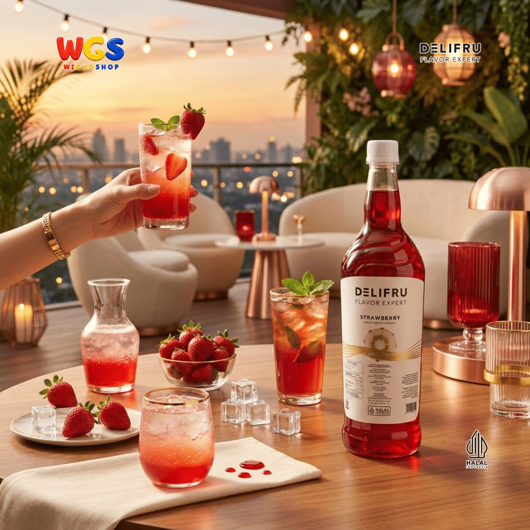 DELIFRU Strawberry Syrup 1 Liter - Sirup Rasa Stroberi untuk Mocktail Soda Iced Tea Milkshake Minuman Cafe Dessert Halal