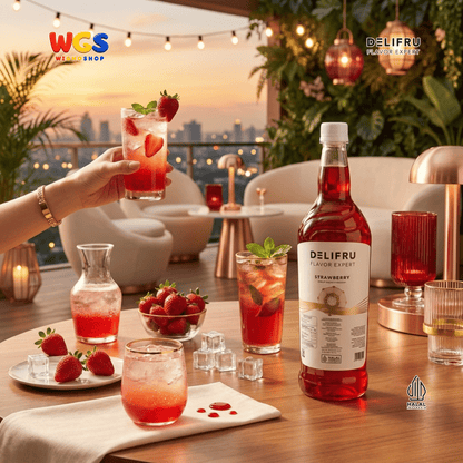 DELIFRU Strawberry Syrup 1 Liter - Sirup Rasa Stroberi untuk Mocktail Soda Iced Tea Milkshake Minuman Cafe Dessert Halal