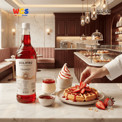 DELIFRU Strawberry Syrup 1 Liter - Sirup Rasa Stroberi untuk Mocktail Soda Iced Tea Milkshake Minuman Cafe Dessert Halal