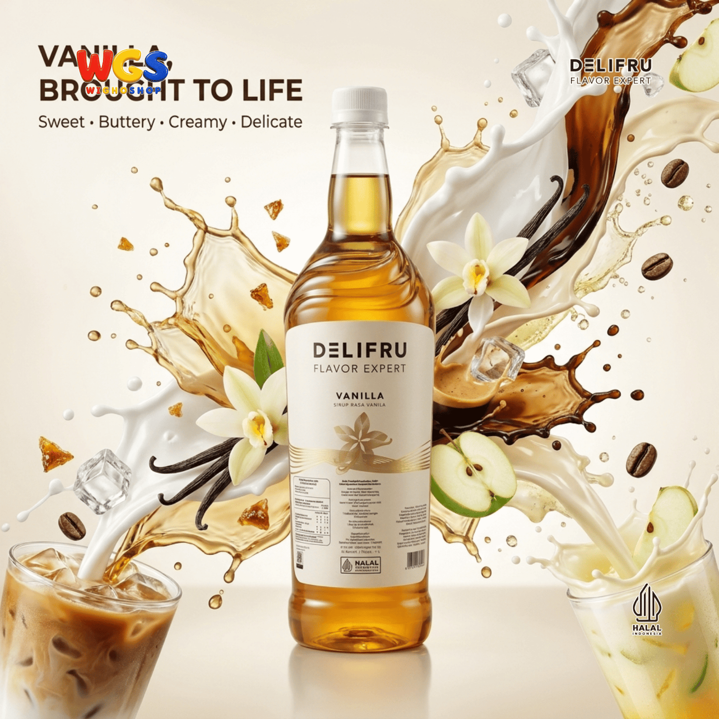 DELIFRU Vanilla Syrup 1 Liter - Sirup Rasa Vanila untuk Kopi Latte Cappuccino Cold Brew Milkshake Dessert Cafe Halal