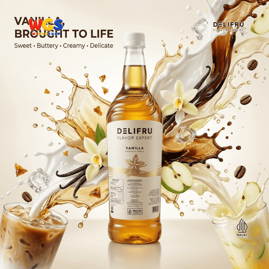 DELIFRU Vanilla Syrup 1 Liter - Sirup Rasa Vanila untuk Kopi Latte Cappuccino Cold Brew Milkshake Dessert Cafe Halal