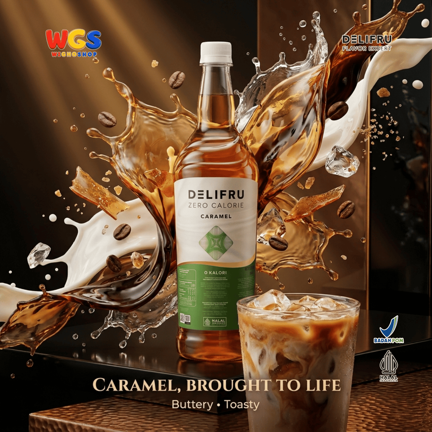 DELIFRU Zero Calorie Caramel Syrup 1 Liter - Sirup Karamel Bebas Gula untuk Kopi Latte Milkshake Minuman Cafe Halal