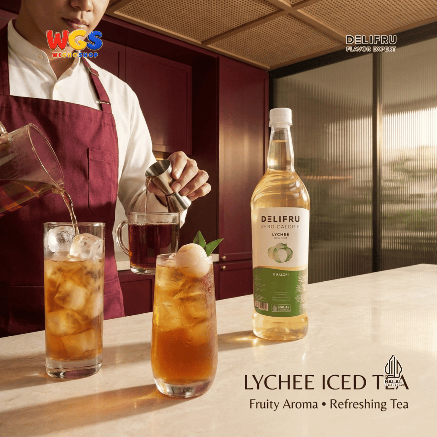 DELIFRU Zero Calorie Lychee Syrup 1 Liter - Sirup Leci Bebas Gula untuk Mocktail Soda Iced Tea Minuman Cafe Halal