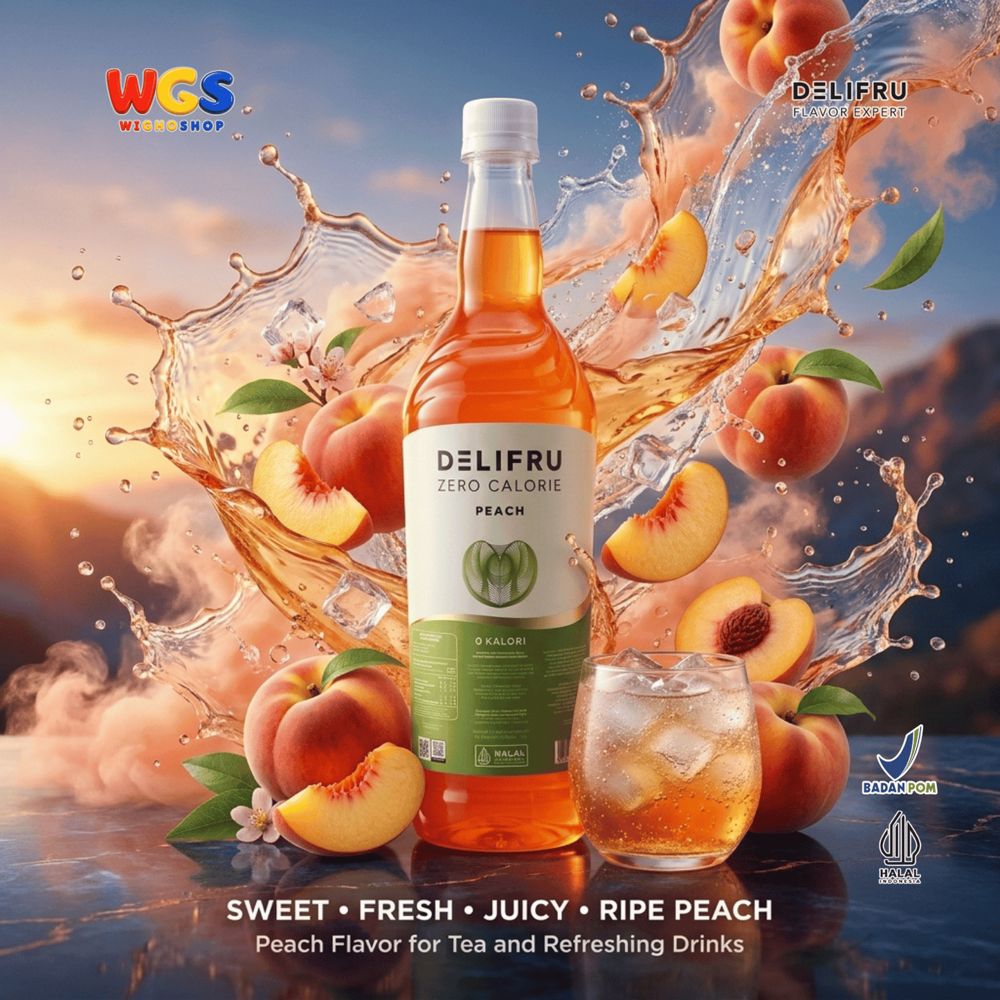 DELIFRU Zero Calorie Peach Syrup 1 Liter - Sirup Persik Bebas Gula untuk Iced Tea Mocktail Soda Minuman Cafe Halal